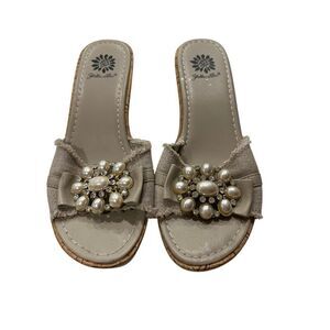 Yellow Box Women's Linen Pearl Embellished Slip On Cork Wedge Heels Beige Size 7